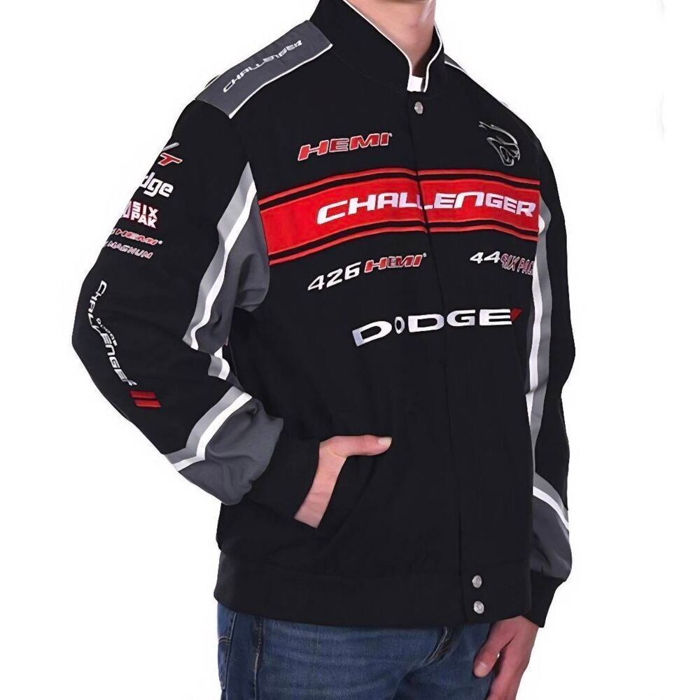 JH Design Black Dodge Challenger Embroidered Twill Racing Jacket NWOT